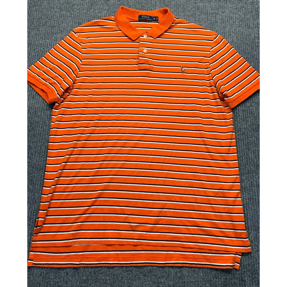Polo Ralph Lauren Men XL Orange Navy White Striped Short Sleeve Pique Polo Shirt
